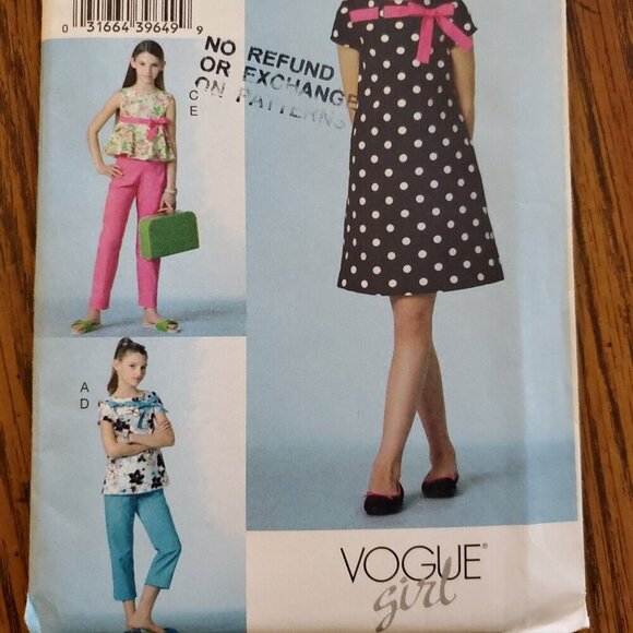 Y2K Vogue Girl Pattern V8062 Dress Top Shirt Contrast Bow Pants 7 8 10 - Picture 1 of 3